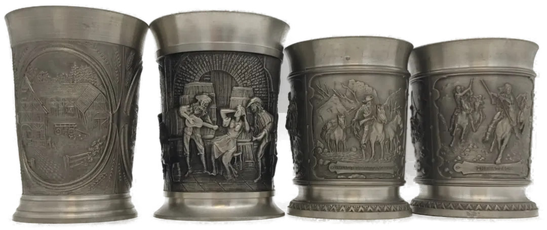 Zinnbecher Set mit Relief, 4 Stück, ca. 9–10 cm - Bild 1