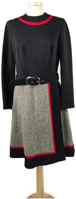 Vintage-Winterkleid mit Gürtel schwarz-rot-grau - L/40 - Bild 1