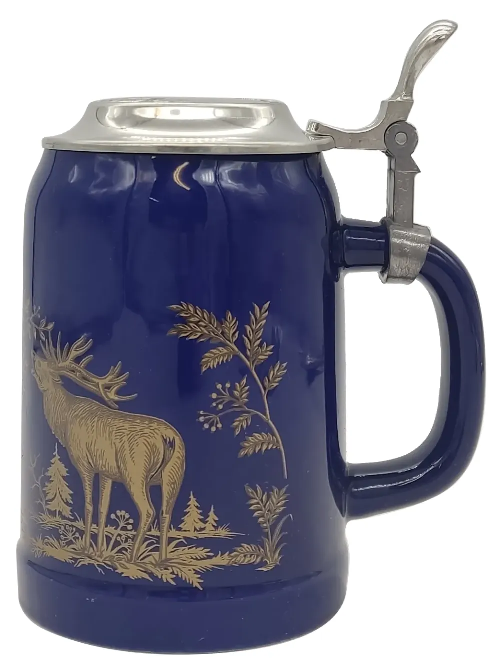 Jagdkrug/Bierkrug aus Porzellan mit Deckel in blau-gold, Höhe 17cm - Bild 1