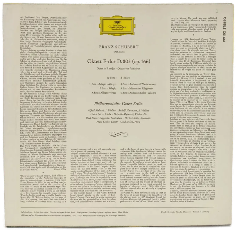 Vinyl LP - Schubert, Philharmonisches Oktett Berlin - Oktett F-Dur D. 803 – Bild 2