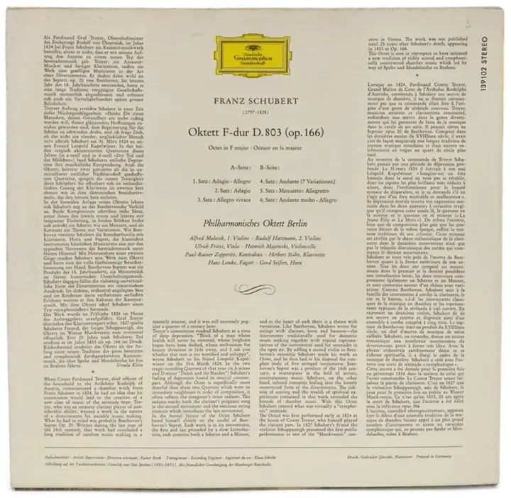 Vinyl LP - Schubert, Philharmonisches Oktett Berlin - Oktett F-Dur D. 803 - Bild 2