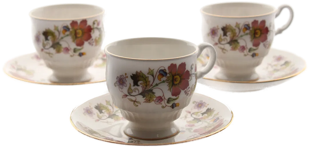 Royal Kent Bone China Tassen & Untertassen – Blumenmotiv mit Goldrand, 6-teilig - Bild 4