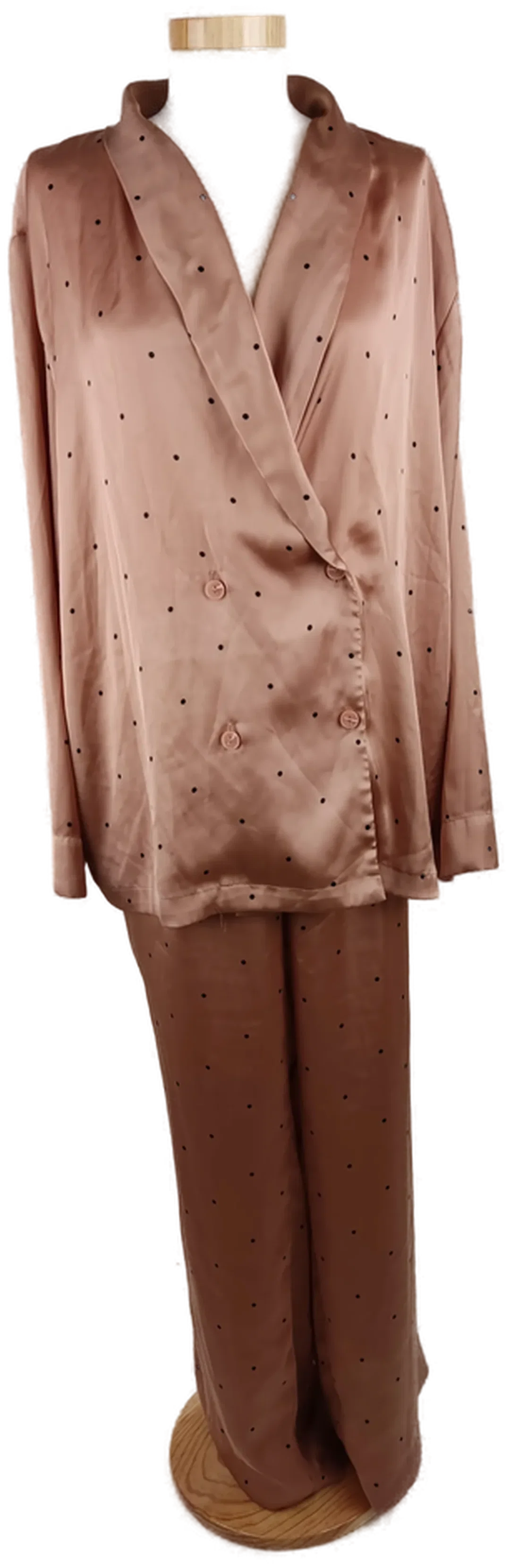 Pyjama "H&M", mit V-Auschnitt und Kragen, altrosa mit schwarzen Tupfen, Größe XL – Bild 1