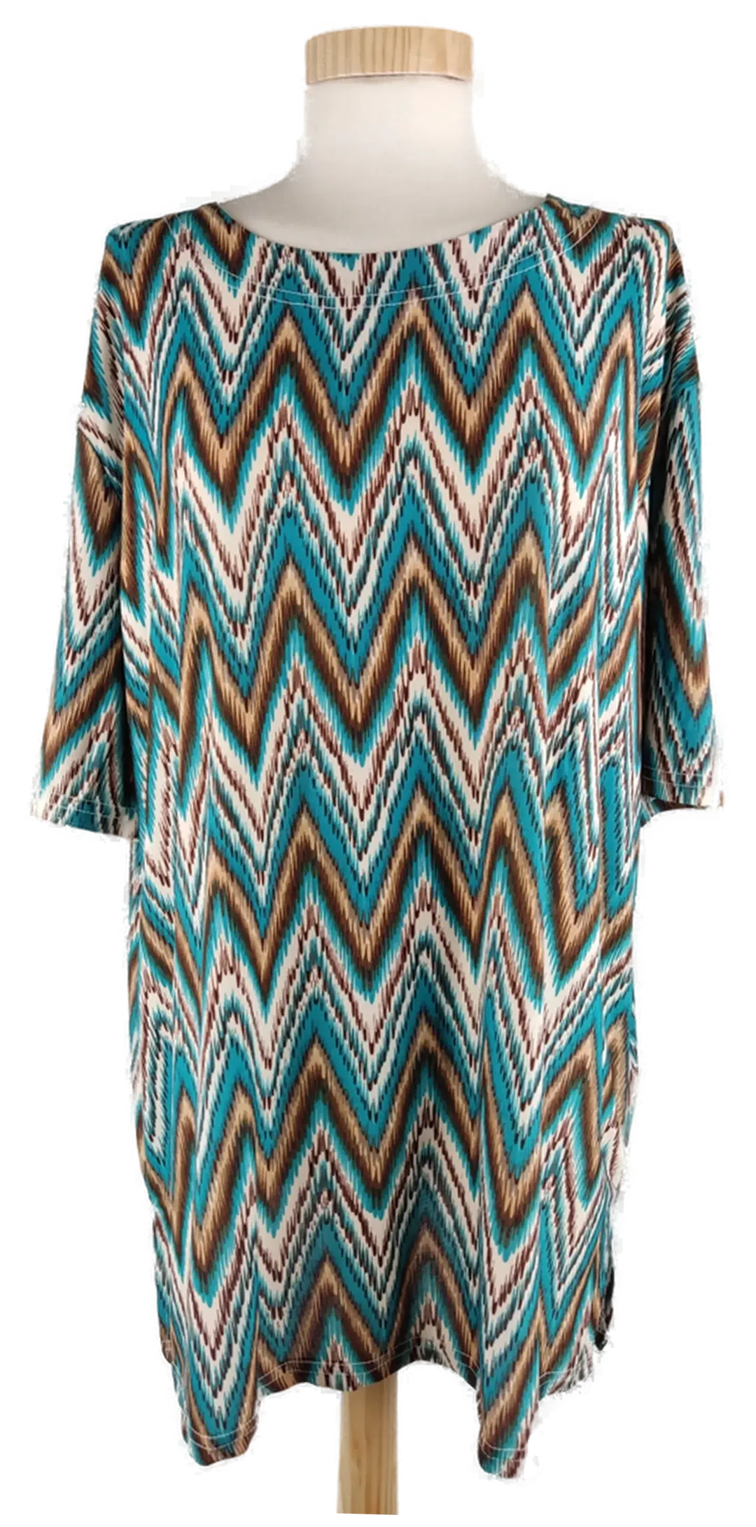 T-Shirt 'Fudayu', kurzarm mit Rundhalsausschnitt, beige/braun/türkis gemustert, Größe 46 - Bild 1