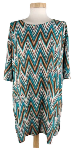 T-Shirt 'Fudayu', kurzarm mit Rundhalsausschnitt, beige/braun/türkis gemustert, Größe 46 - Bild 1