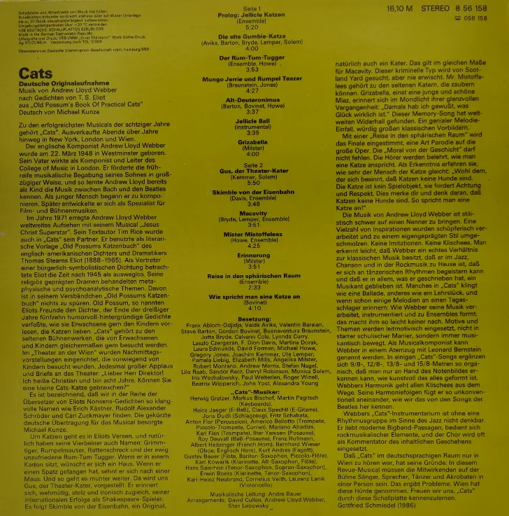 LP Vinyl Andrew Lloyd Webber "Cats" (Deutsche Originalaufnahme)  – Bild 2