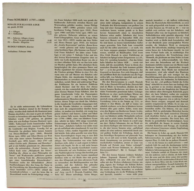 Vinyl LP - Franz Schubert, Rudolf Serkin - Sonate für Klavier A-dur op. posth. D959 – Bild 2