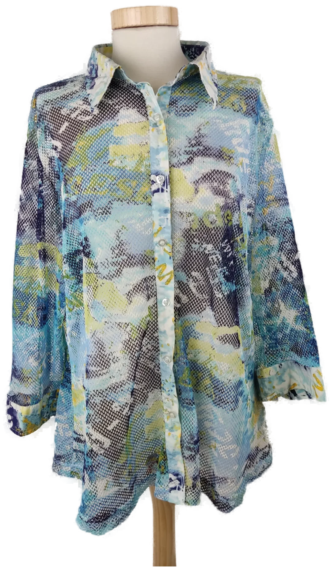 Bluse "Biaggini", dreiviertelarm mit Kragen, blau/türkis/weiß/gelb gemustert, Größe 50 – Bild 1