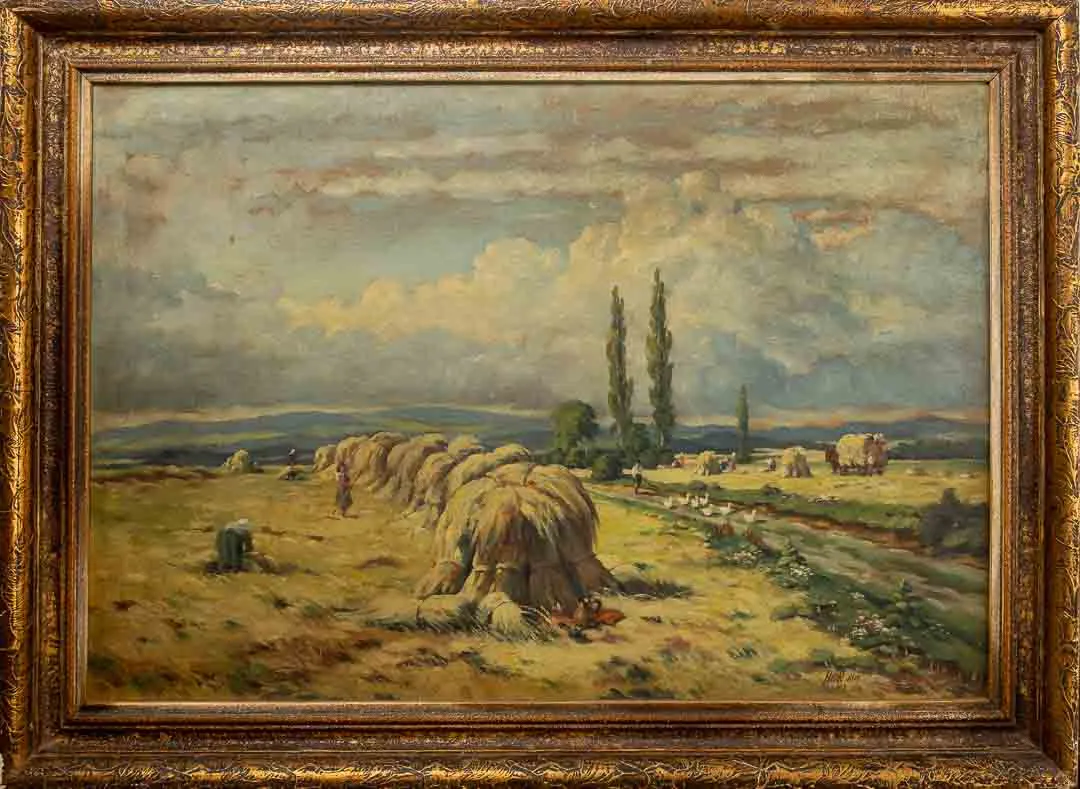 Vintage Bild Gemälde mit Geschichte Öl auf Leinwand Landschaft Bauern Feld Arbeit Heuballen Signiert 1948 - Bild 4