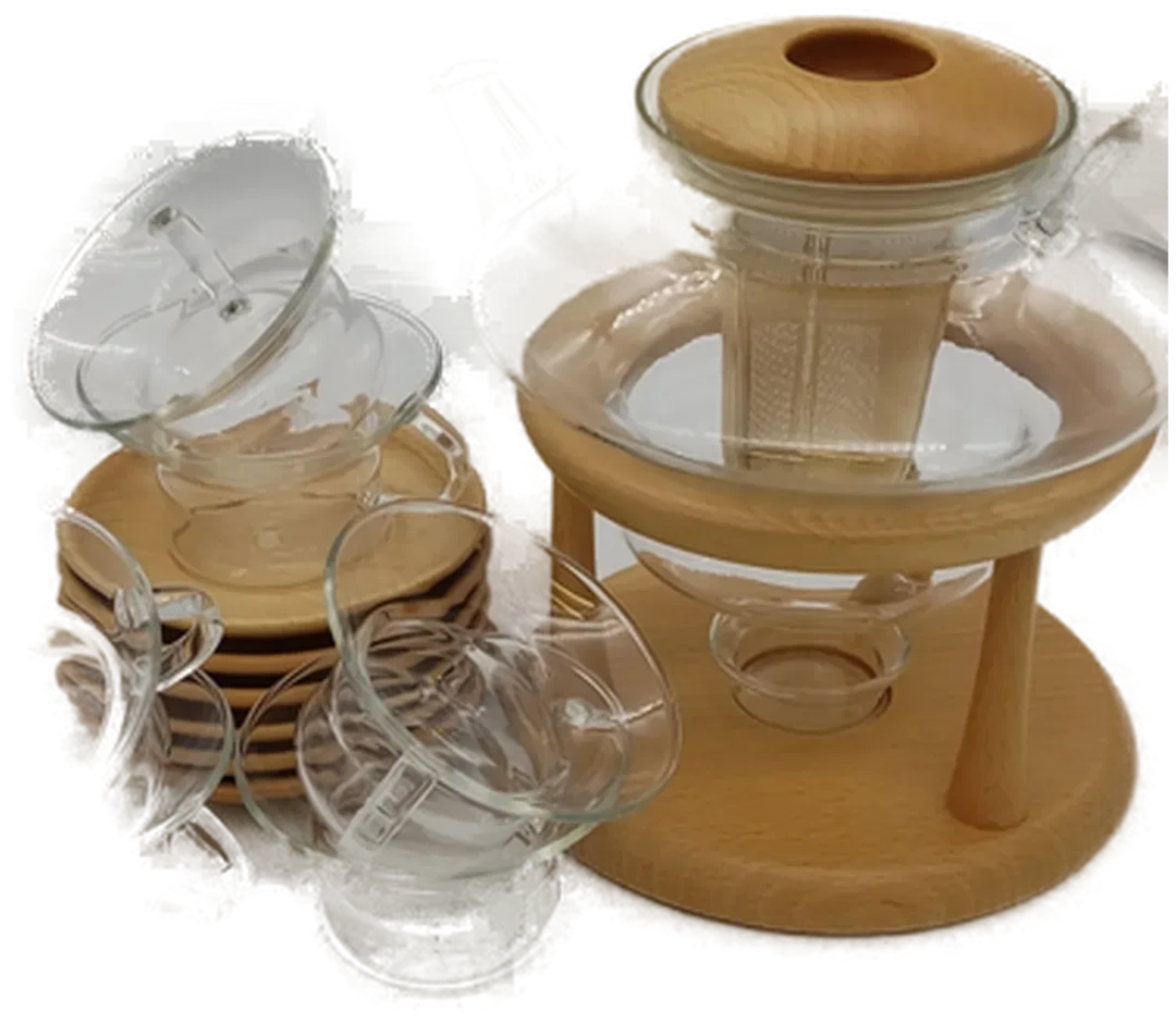 Jenaer Glas Teeservice 6 Tassen und Untersetzer u. Teekanne mit Teewärmer – Bild 3