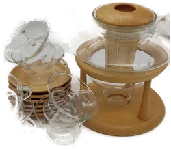 Jenaer Glas Teeservice 6 Tassen und Untersetzer u. Teekanne mit Teewärmer - Bild 3