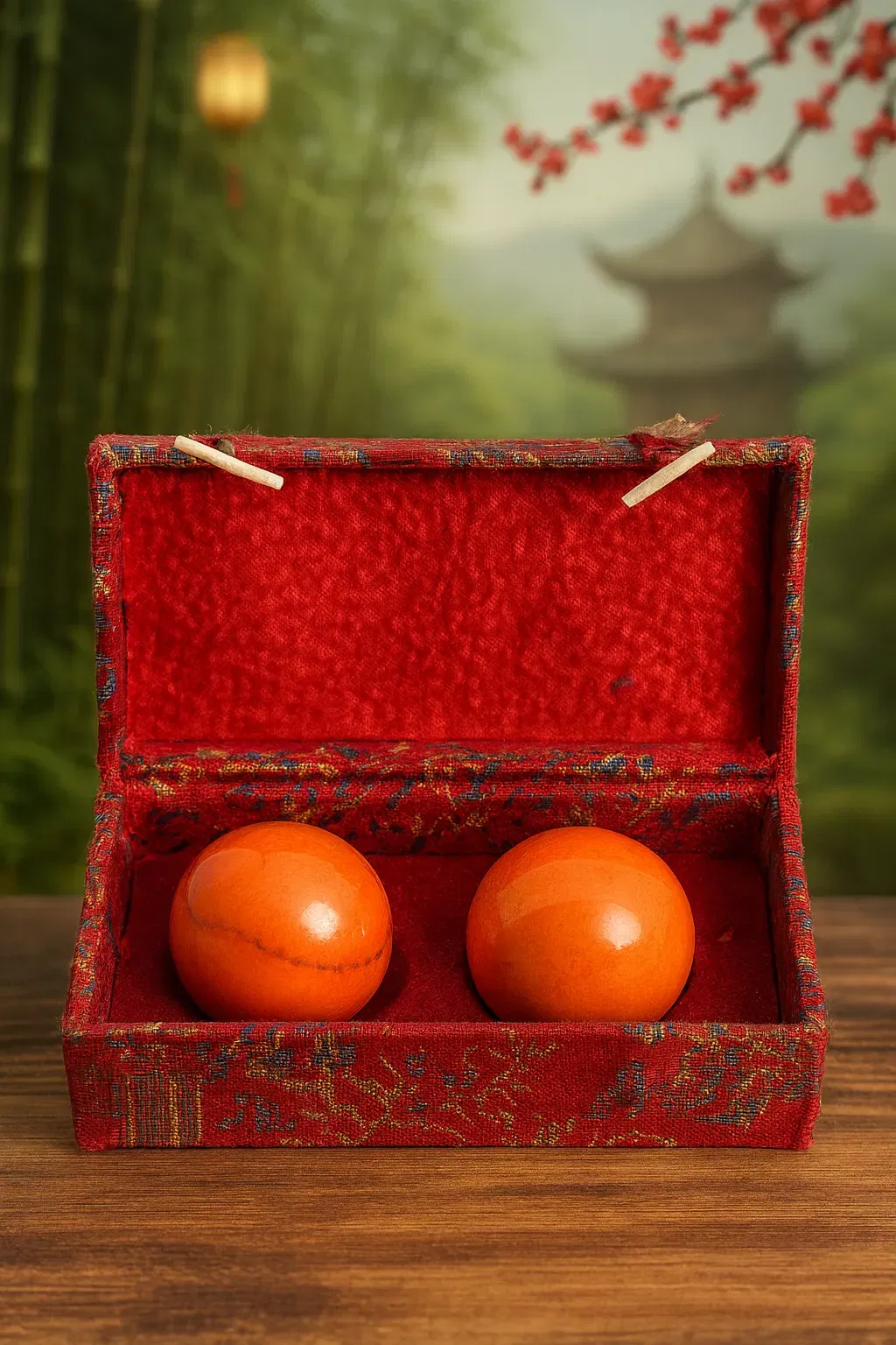 Chinesische Baoding Kugeln im bestickten roten Etui – 2 Massagekugeln – traditionell - Bild 2