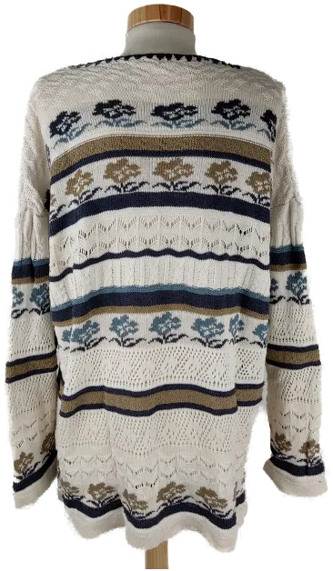 Pullover langarm mit Rundhalsausschnitt, gestrickt mit verschiedenen Mustern, beige/blau/braun, Größe XL (geschätzt) – Bild 3