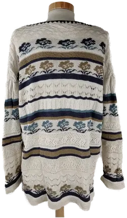 Pullover langarm mit Rundhalsausschnitt, gestrickt mit verschiedenen Mustern, beige/blau/braun, Größe XL (geschätzt) - Bild 3