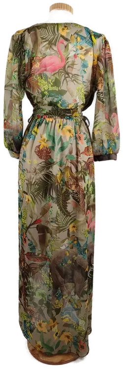 Damen Maxi Kleid, Dschungel-Print, Grün, Bindegürtel und V-Ausschnitt, Gr. 44 - Bild 2