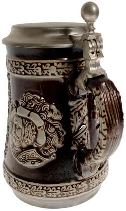 Steinzeug Bierkrug mit Zinndeckel, Reliefdekor – Höhe 15,5 cm - Bild 2