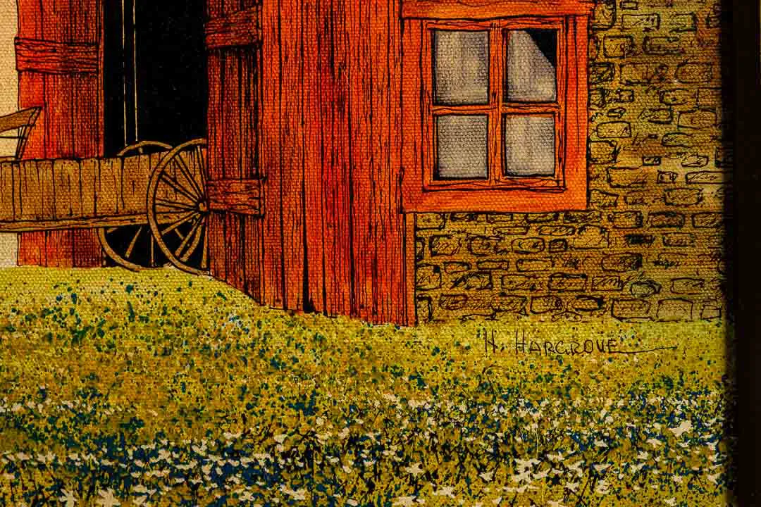 H. Hargrove: Scheune mit Karren – Gemälde auf Leinwand, Druck, signiert im Rahmen ca. 70 × 60 cm – Bild 4