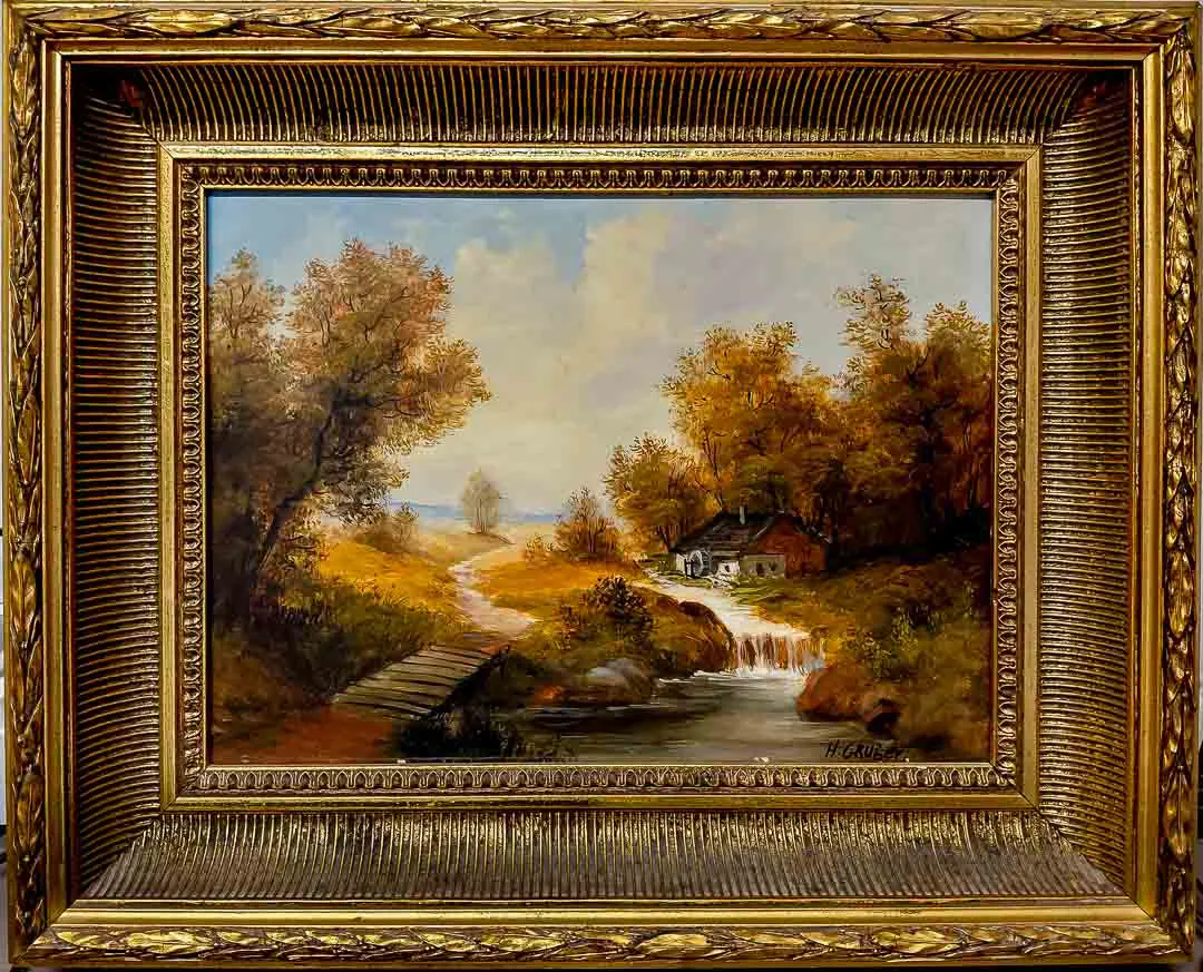 Ölgemälde Flusslandschaft mit Mühle, signiert H. Gruber, Goldstuckrahmen 54x44cm – Bild 1