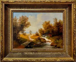 Ölgemälde Flusslandschaft mit Mühle, signiert H. Gruber, Goldstuckrahmen 54x44cm – Vorschau 1