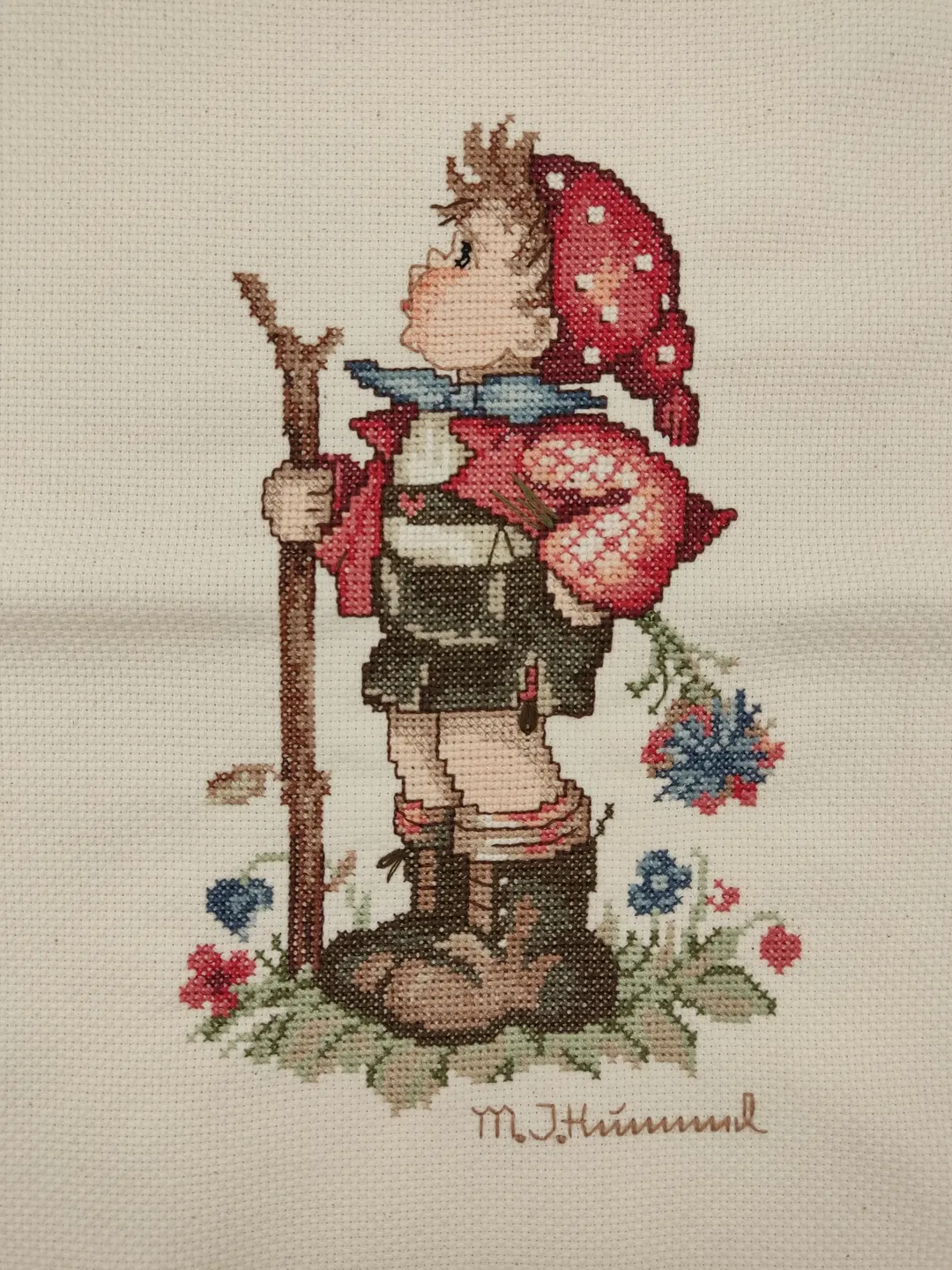 M. J. Hummel Vintage Kreuzstich-Bild: Junge mit Wanderstab - Bild 1