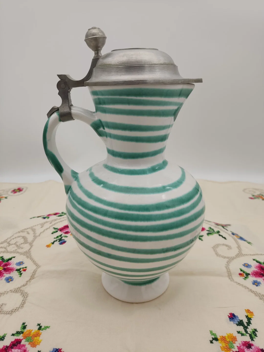 Gmundner Keramik Krug mit Zinndeckel "Grün geflammt" Vintage 50er/60er NEUWERTIG! Höhe 25cm – Bild 4