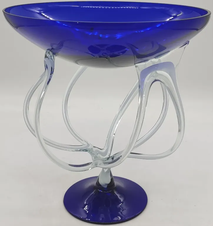 Fadenfuß Glasschale kobaltblau mundgeblasen Höhe ca 28cm Breite ca 25,5cm – Bild 4