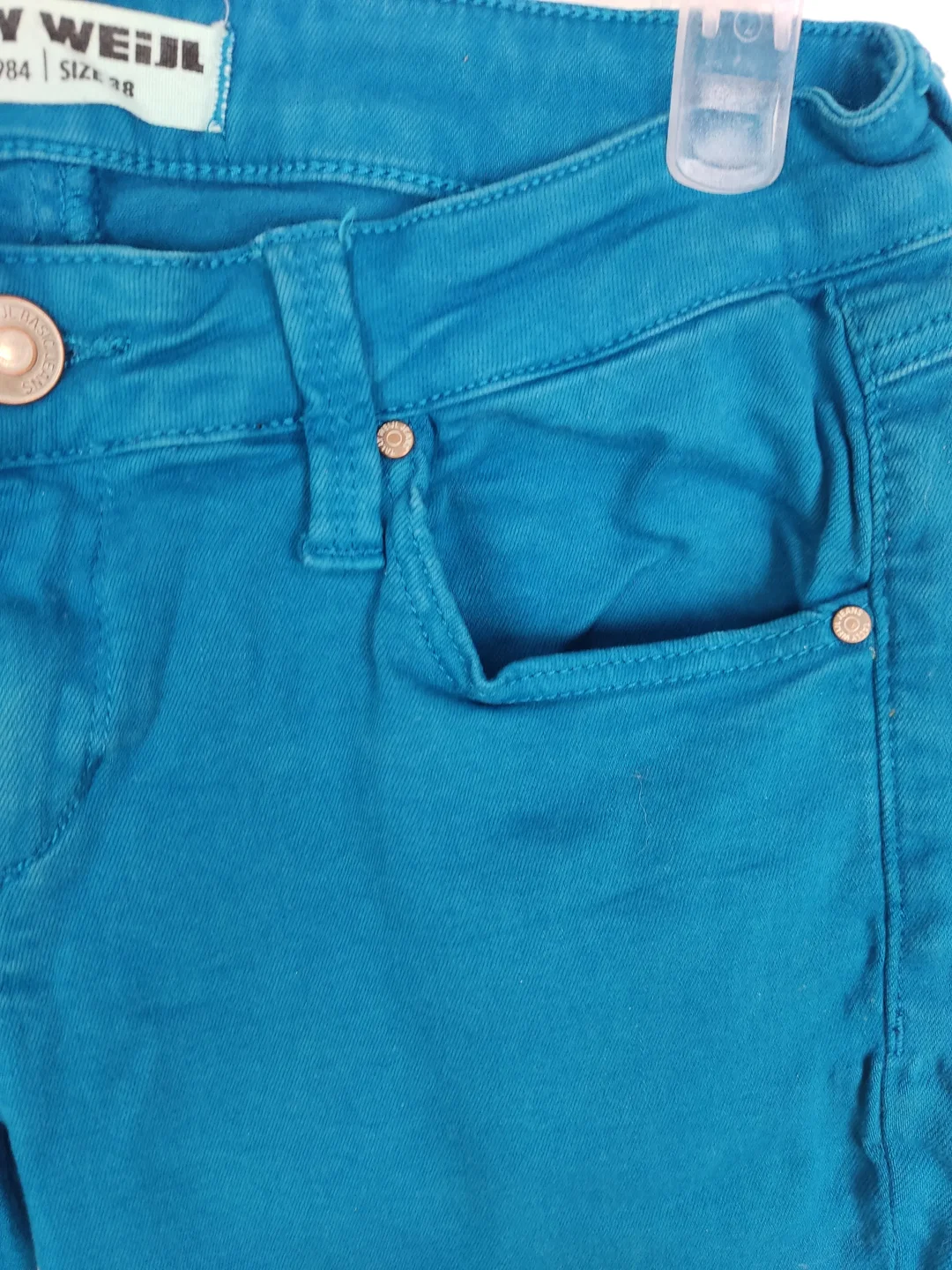 Jeans "Tally Weijl". lang mit Stretch, türkis mit Taschen, Größe 38 – Bild 2