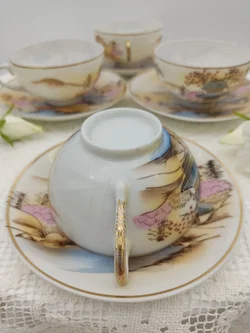 Japanische Teetasse mit Untertasse 4er-Set Porzellan Landschaftmotiv | Asiatische 'Kutani' Stil - Bild 7