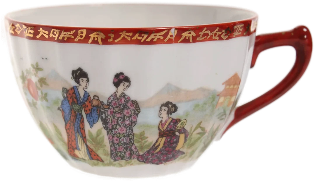 Japanisches Porzellan-Teeset mit Geisha-Dekor – 4-teilig, handbemalt, rot-gold – Bild 5