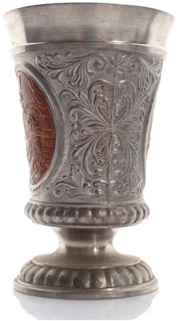 Historischer Zinnbecher mit Relief & Holzintarsie - Bild 2