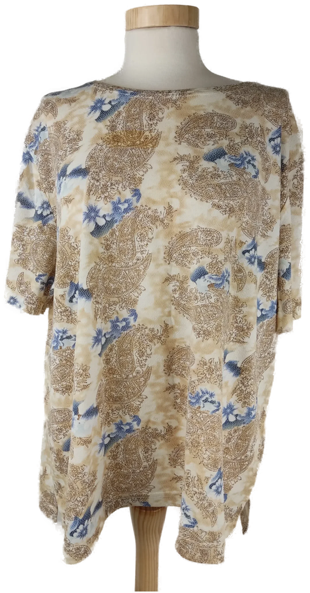T-Shirt kurzarm mit Rundhalsausschnit, beige/braun/blau gemustert, Größe 44 (geschätzt) - Bild 1