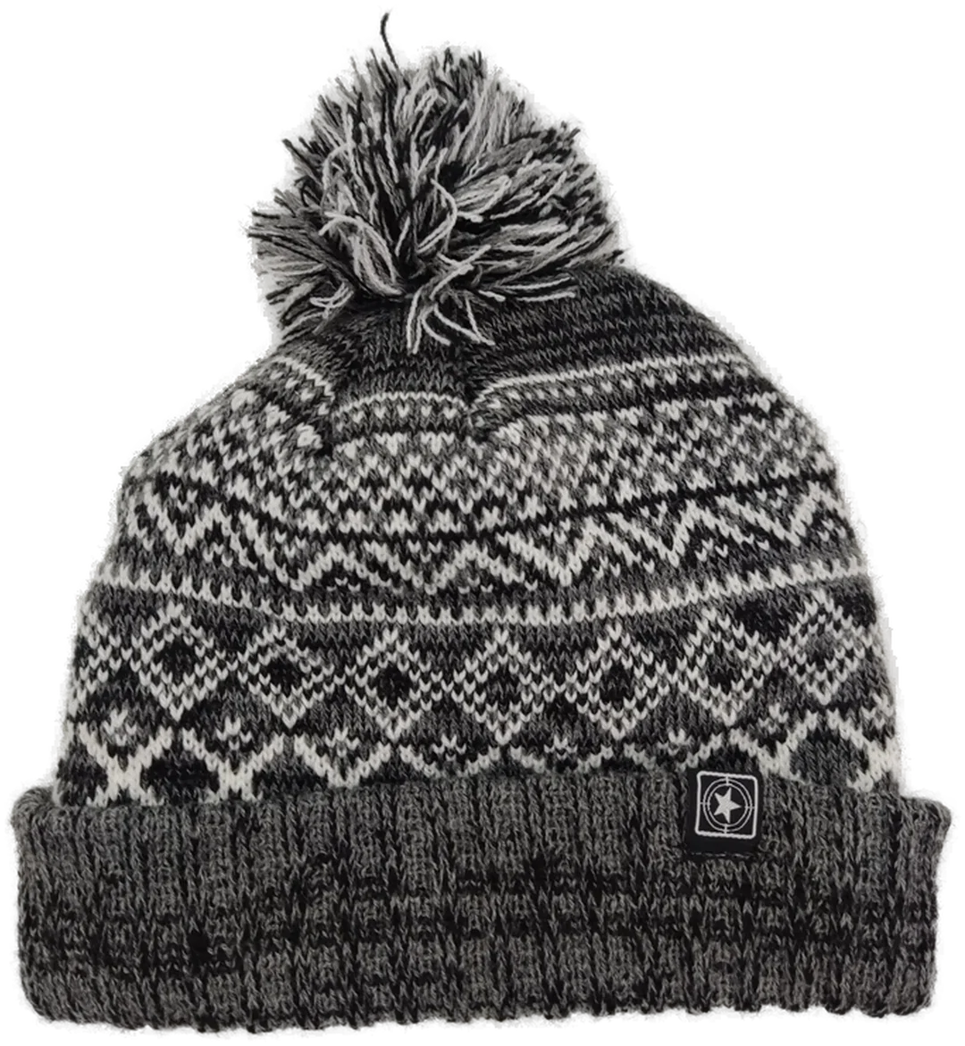 Haube "Musterstrick", gestrickt mit Bommel, grau/weiß – Bild 2