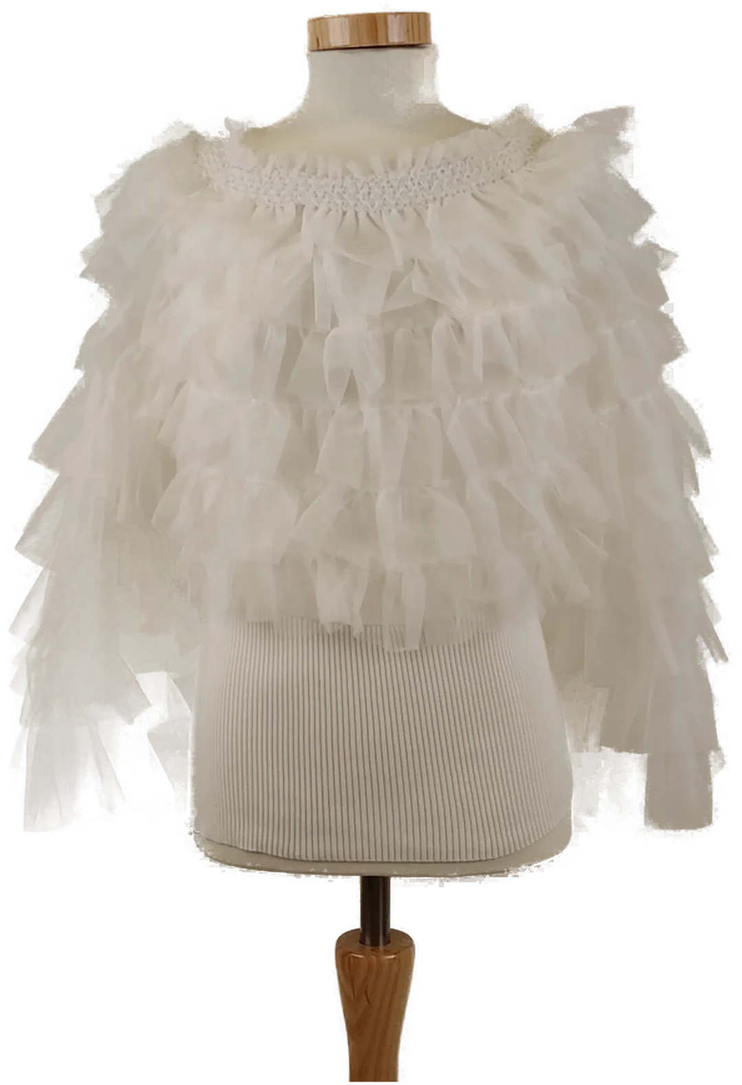 Damen Bluse weiß mit Tüll-Volants, Unterfüttert, Gummizug am Ausschnitt, Gr. S/M - Bild 1