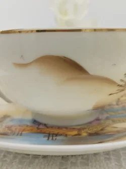 Japanische Teetasse mit Untertasse 4er-Set Porzellan Landschaftmotiv | Asiatische 'Kutani' Stil – Vorschau 11