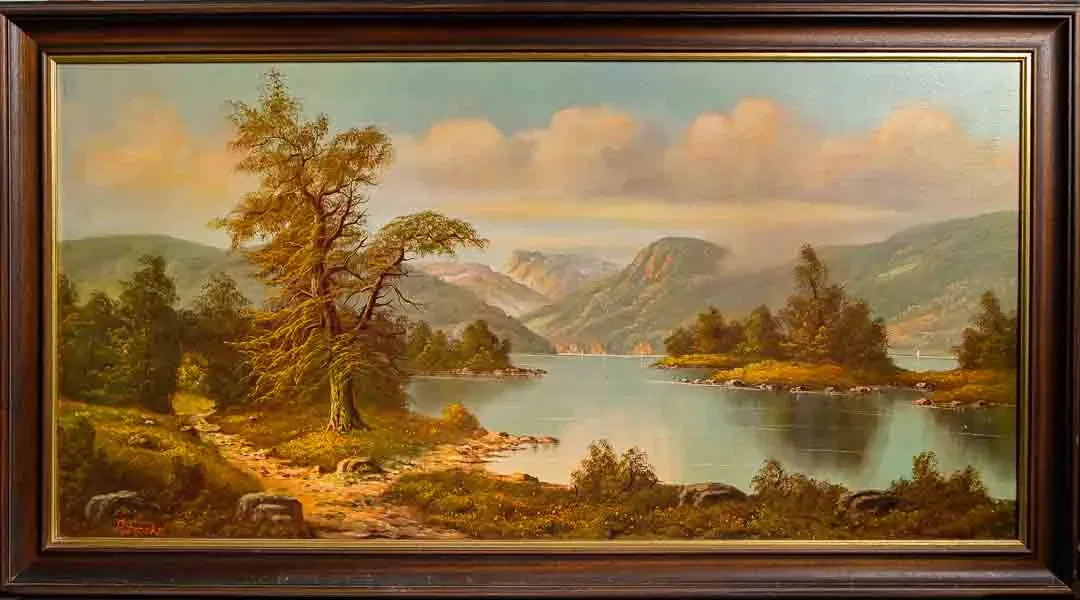 Gemälde Landschaft am See im Holzrahmen, 113 x 62 cm - Bild 4