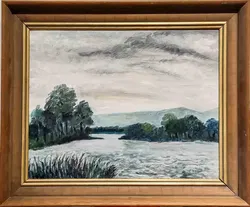 Original Ölgemälde Flusslandschaft Monogramm „RF 81“ im Rahmen 56x47 cm - Bild 1