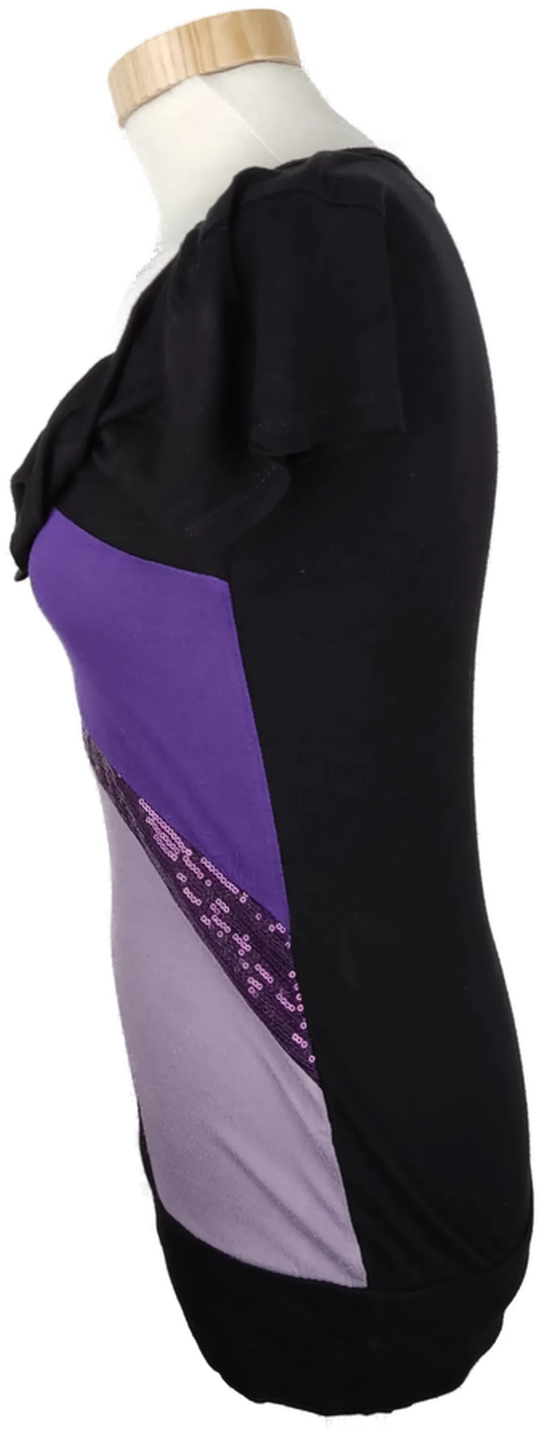 T-Shirt "Amisu", kurzarm mit Wasserfallausschnitt, schwarz/lila mit Pailletten, Größe XS – Bild 3