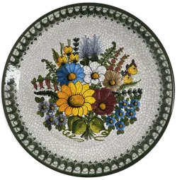Handgefertigter grüner Wandteller aus Gmunden - Blumenmotiv - 30 cm - Vintage 1981 - Bild 1