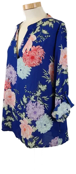 Damen Bluse blau mit bunten Blumen, Ärmelriegel, Gr. L - Bild 2