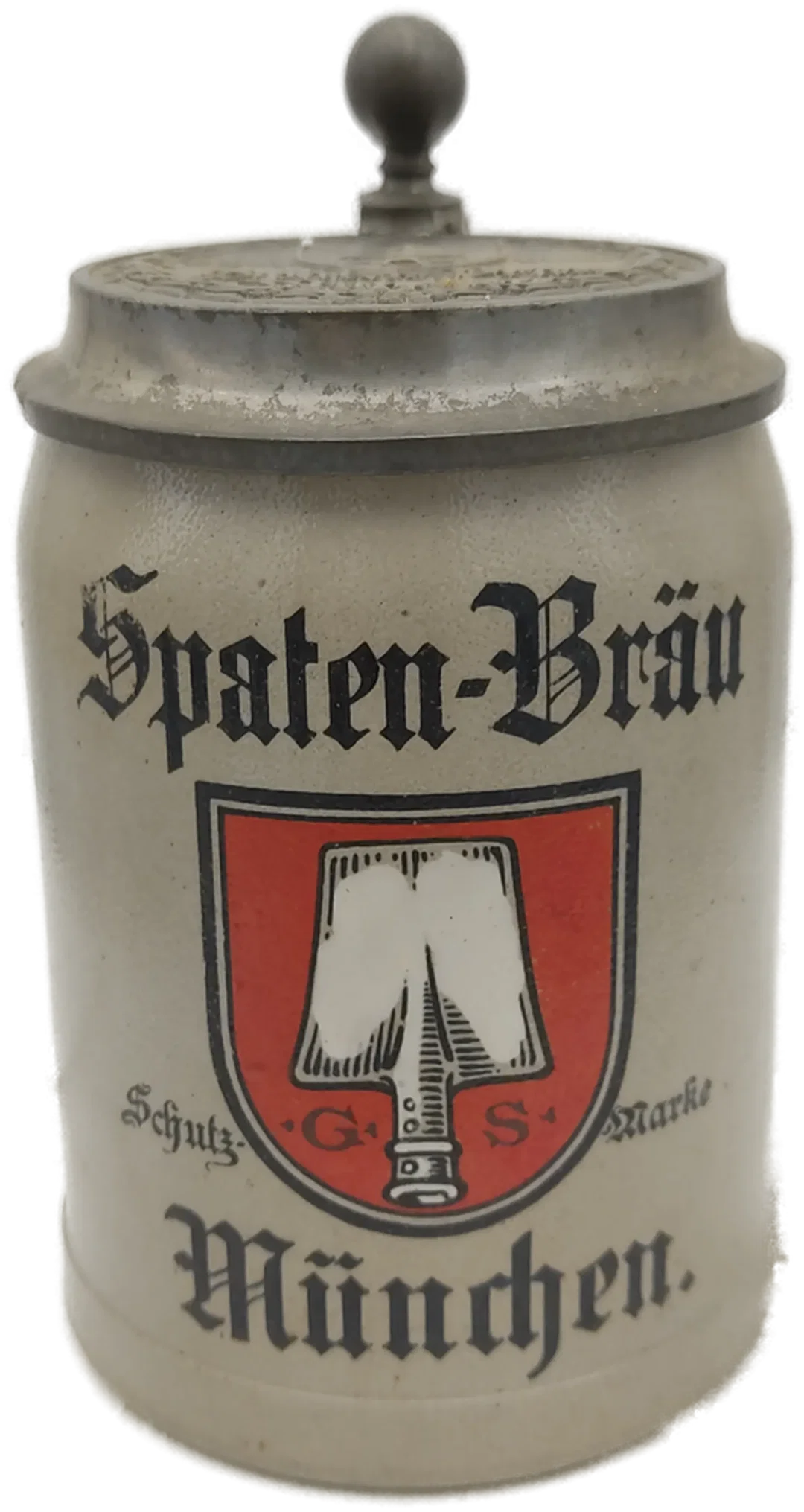 Bierkrug Spaten-Bräu München Steinzeug, Geprägter Zinndeckel 0,5 L | Sammlerstück - Bild 1