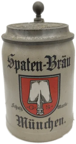 Bierkrug Spaten-Bräu München Steinzeug, Geprägter Zinndeckel 0,5 L | Sammlerstück - Bild 1