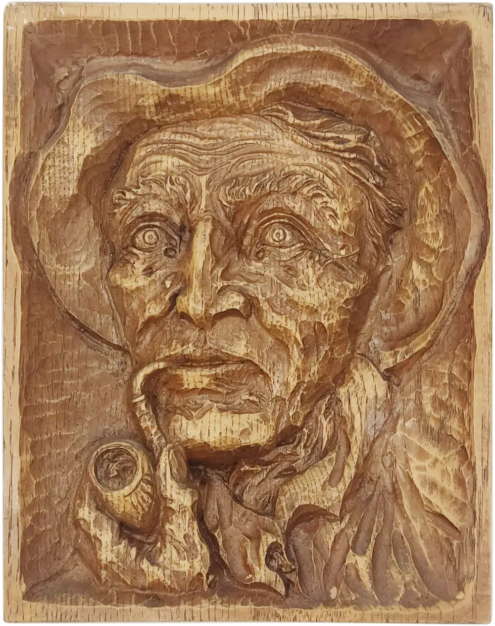 Geschnitztes Relief aus Holz / Wanddekoration mit altem Pfeife rauchendem Mann in braun - Bild 4