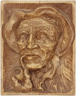 Geschnitztes Relief aus Holz / Wanddekoration mit altem Pfeife rauchendem Mann in braun - Bild 1