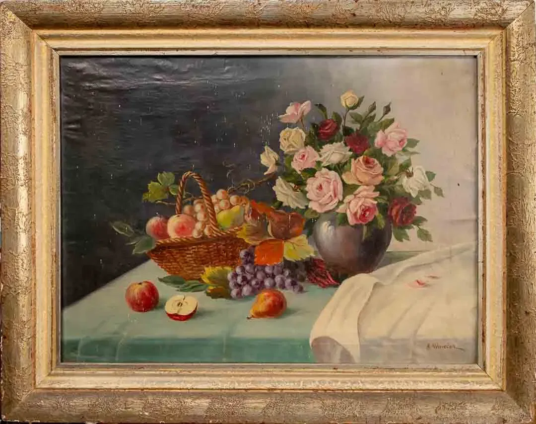 Vintage Bild Gemälde mit Geschichte Stillleben Obstkorb Blumen Vase Öl auf Leinwand A.Nemecek - Bild 4