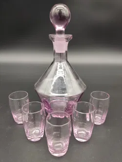 Kleine violette Vintage-Glaskaraffe mit 5 Schnapsgläser - Bild 1