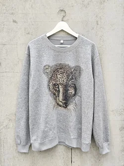 Damen Pullover mit Leopardenkopf, grau - Gr. L