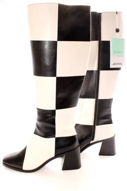 MONKI Damen Stiefel Größe 40 – Schwarz/Weiß Check Muster – PETA Vegan – Absatz 6,5 cm - Bild 2