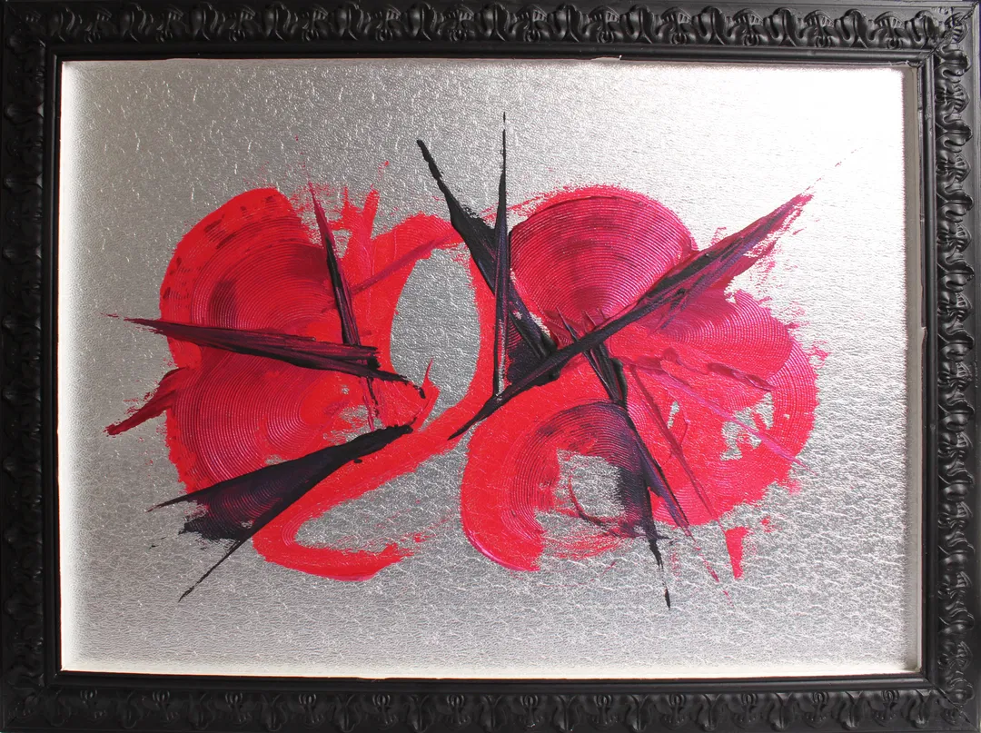 Bild Abstraktes Original Gemälde auf Leinwand – Rot/Schwarz auf Silber – gerahmt – 89 × 68 cm, Signiert - Bild 1