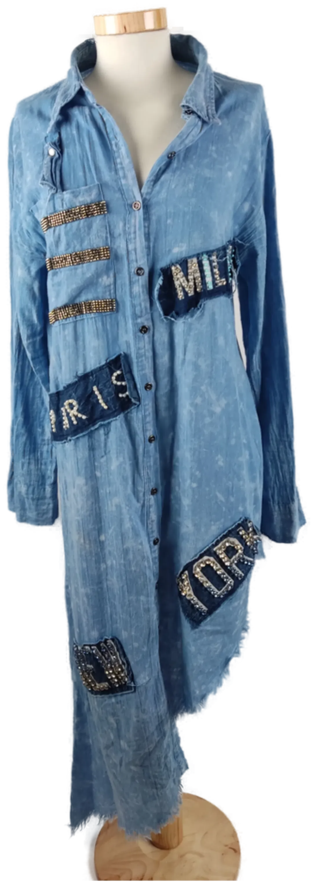 Asymmetrisches Langes Damenkleid in Jeansoptik, Langarm mit Aufnähern, Gr. L - Bild 1