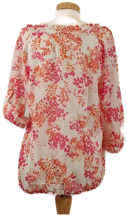 Weiße Damen Bluse mit gerafftem Ausschnitt, Ärmelriegel, orange geblümt, Gr. M - Bild 2